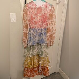 Zimmerman Multicolor Floral Printed Silk Cotton Tiered Midi Dress